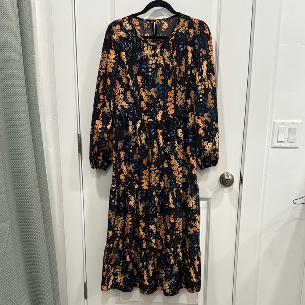 Black and Orange Long Sleeve Sundress with Bishop Sleeves